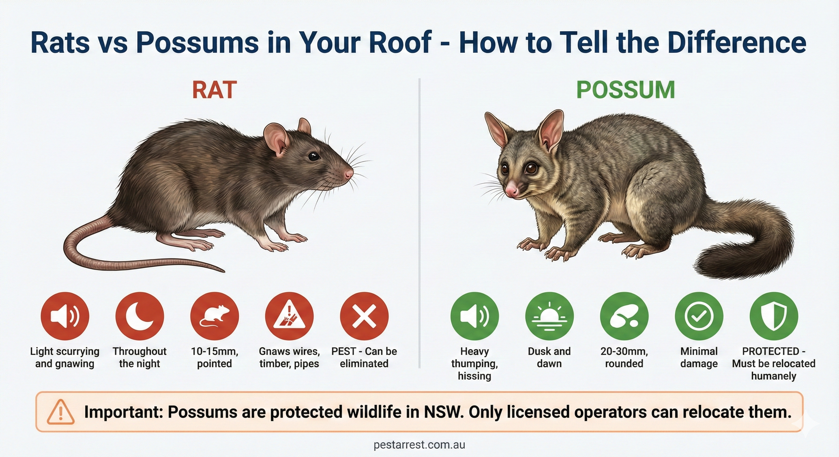 Infographic comparing rats and possums showing differences in sounds, activity times, droppings size, damage caused, and legal status with note that possums are protected wildlife in NSW