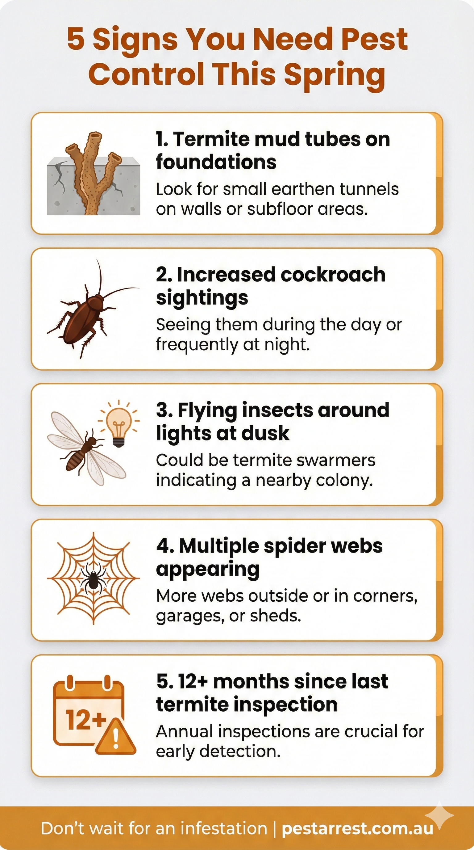 Infographic showing 5 warning signs you need pest control including termite mud tubes, cockroach sightings, flying insects at dusk, spider webs, and 12 plus months since last inspection