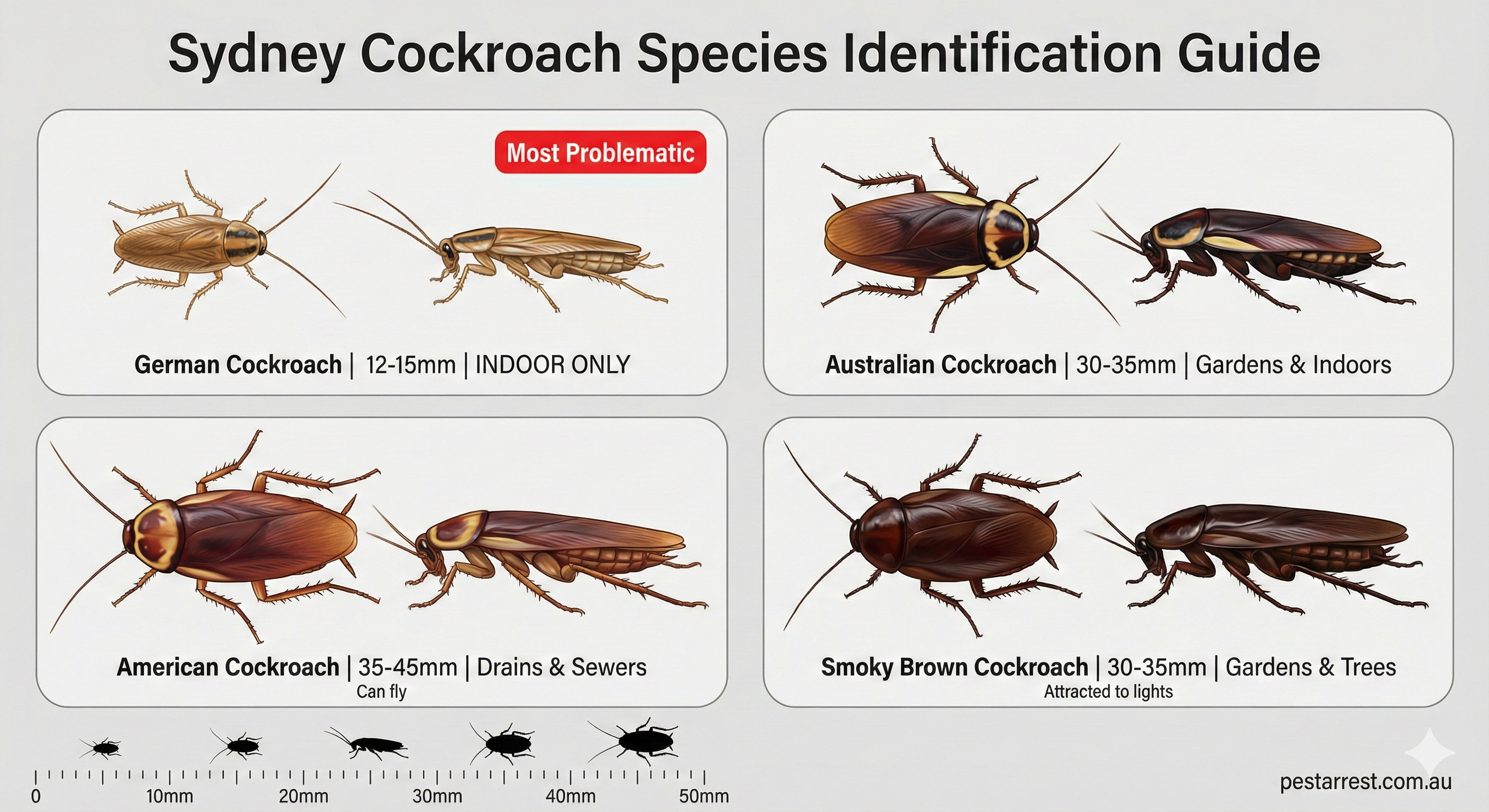 Sydney cockroach species identification guide showing German cockroach at 12-15mm, Australian cockroach at 30-35mm, American cockroach at 35-45mm, and Smoky Brown cockroach at 30-35mm with size scale