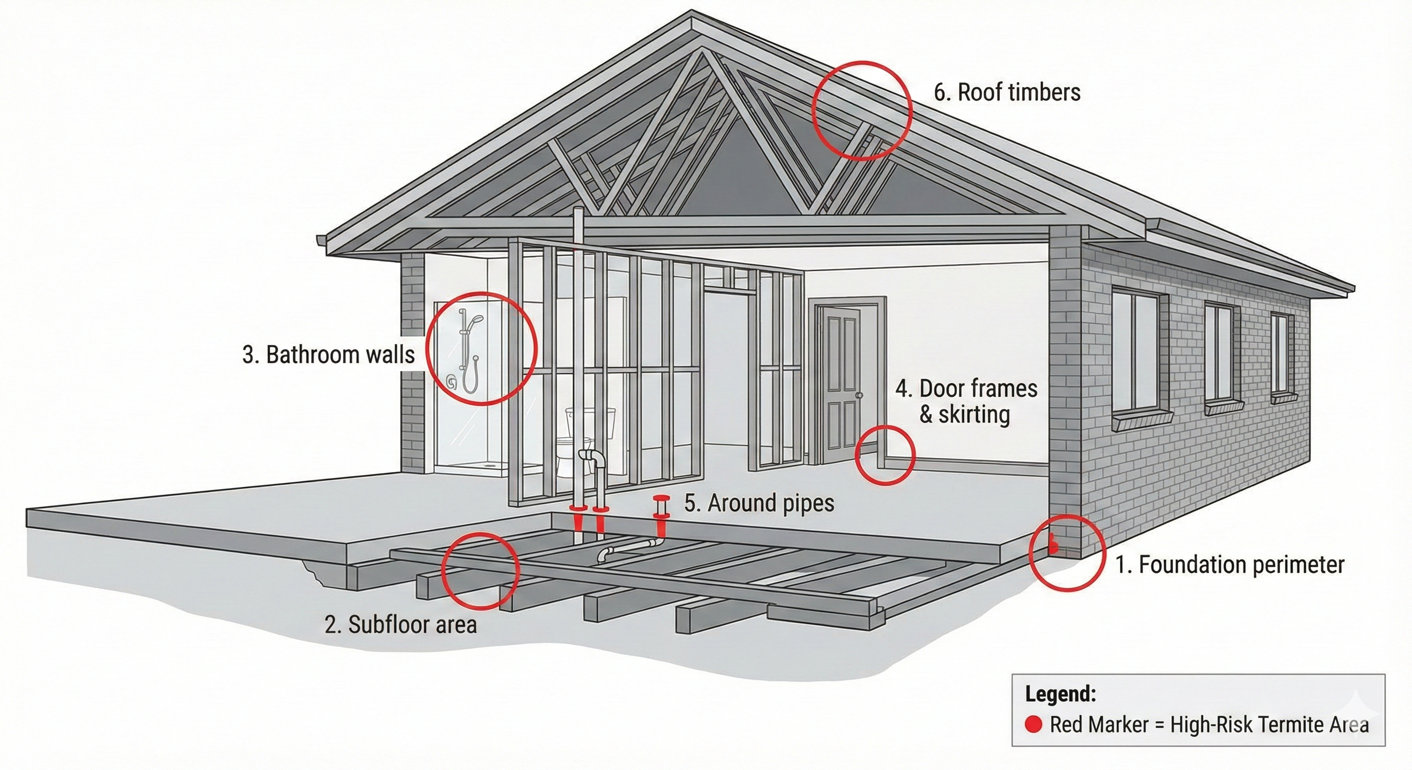 House cross-section diagram showing six high-risk termite areas including foundation, subfloor, bathroom walls, door frames, pipes, and roof timbers