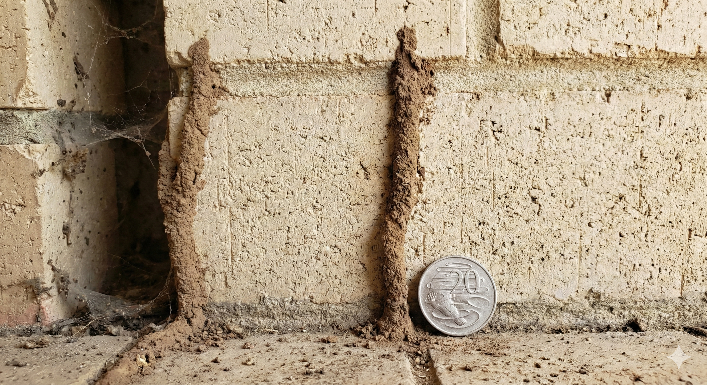 Termite mud tubes on concrete block foundation wall with Australian 20 cent coin for scale