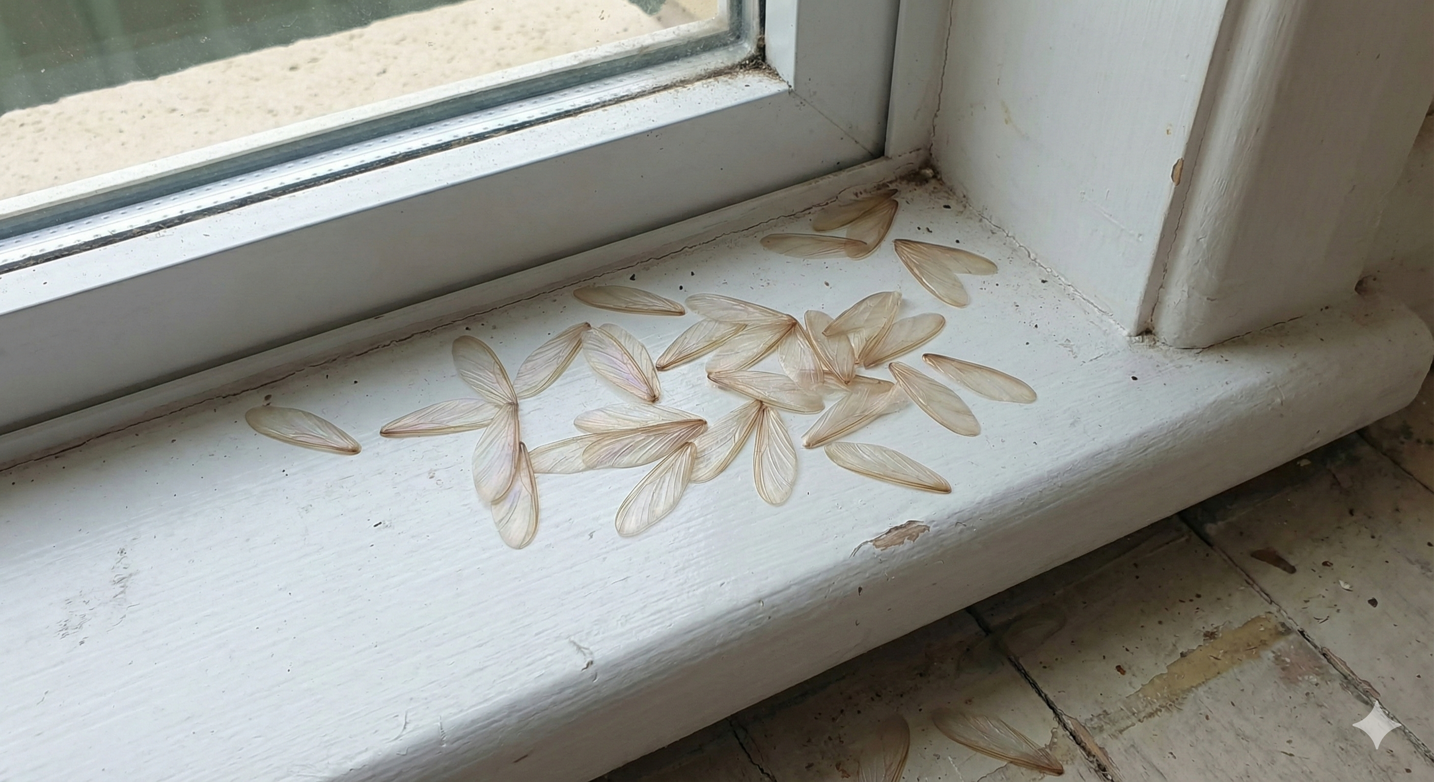 Discarded termite swarmer wings on white windowsill indicating nearby termite colony