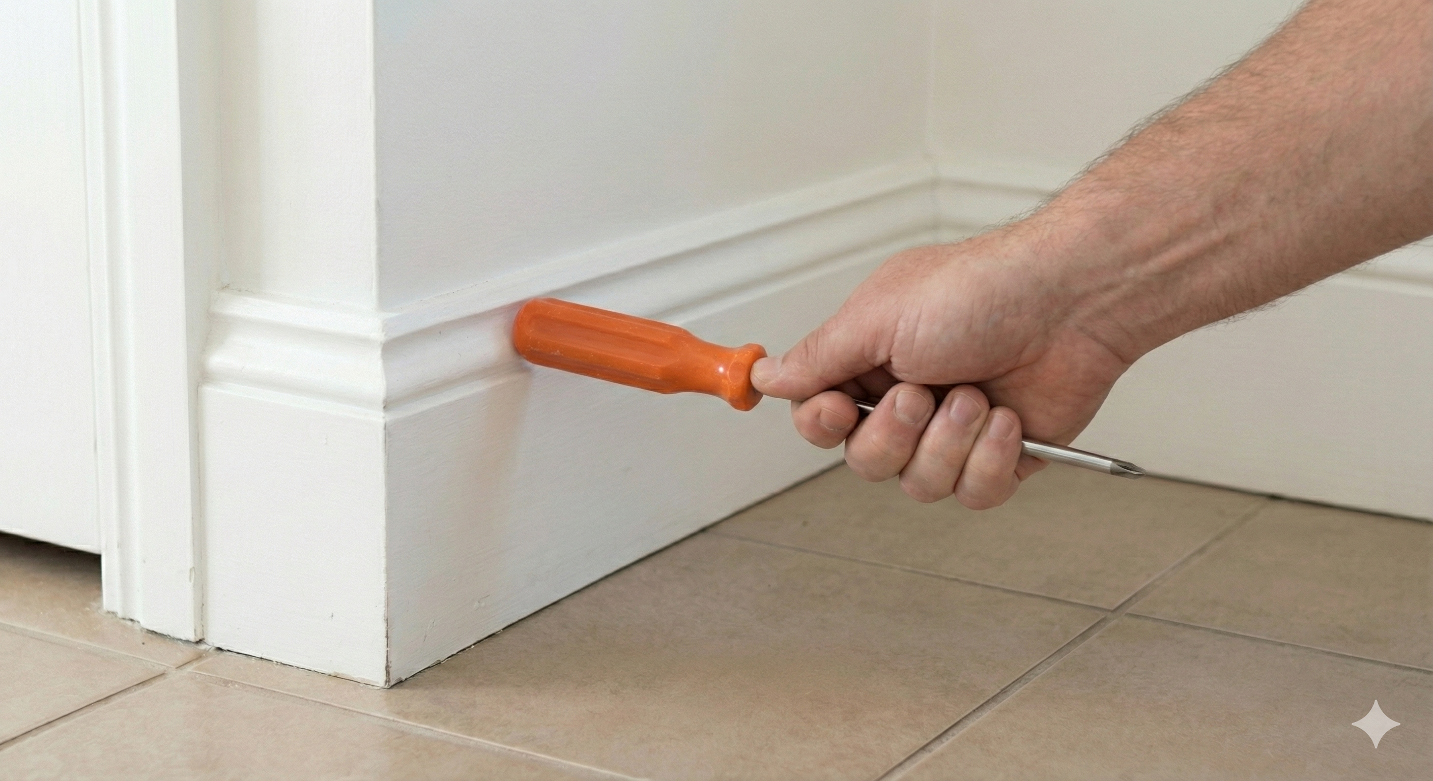 Homeowner using screwdriver handle to tap test white skirting board for termite damage