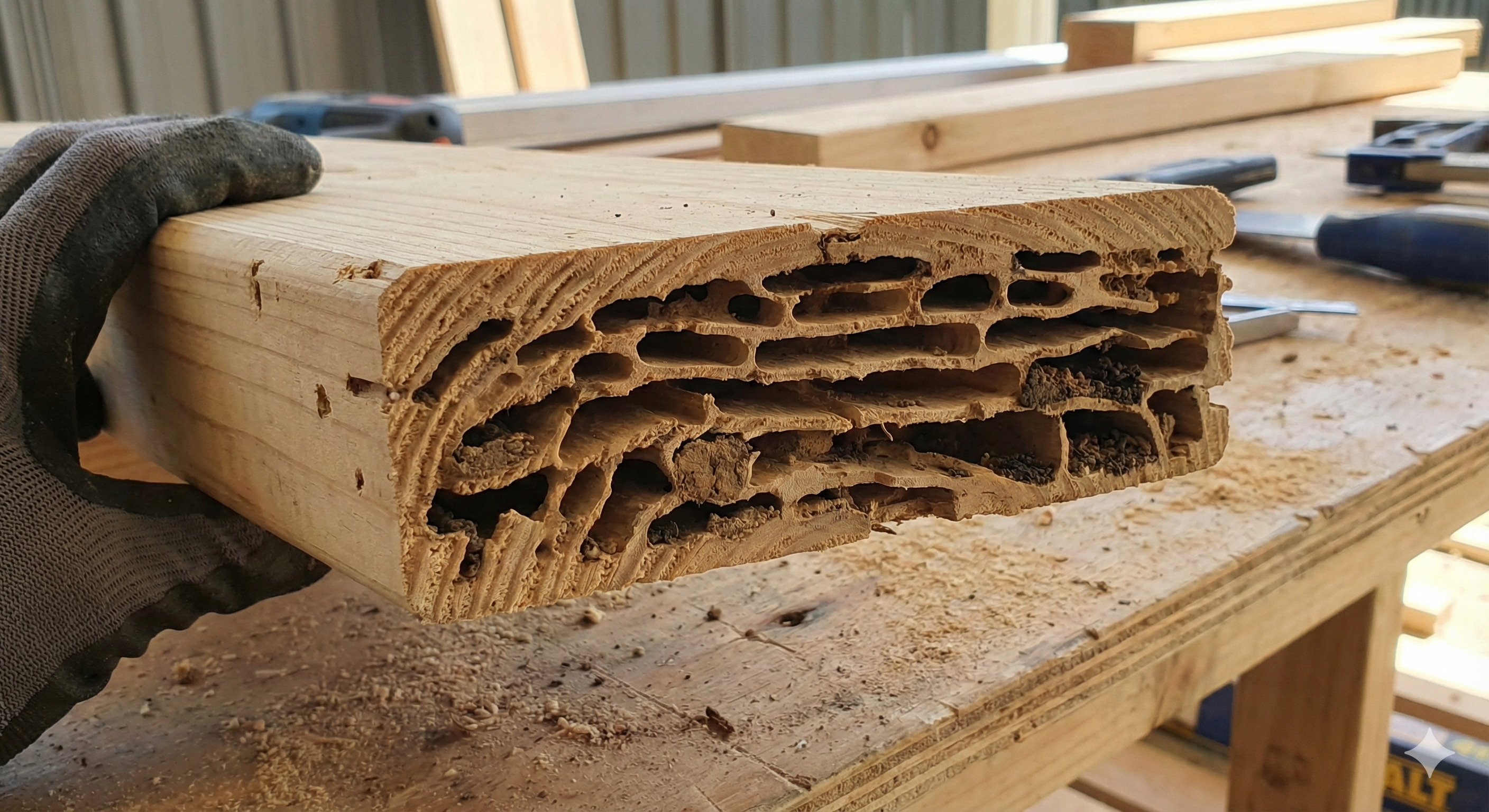 Cross-section of timber beam showing internal termite damage galleries and tunnels