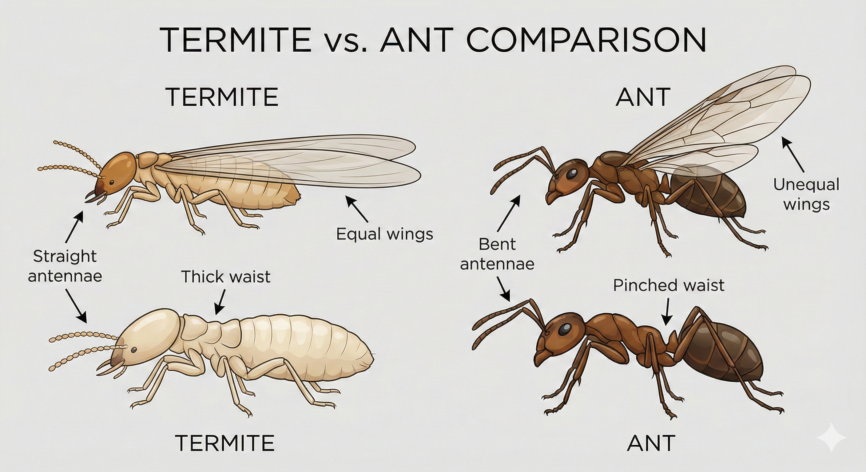 Diagram comparing termite and ant anatomy showing differences in antennae, waist, and wings